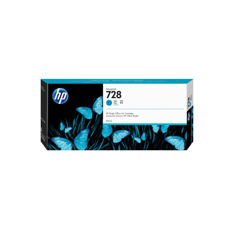 HP 728 DesignJet cartouche d'encre cyan, 300 ml, Imprimante HP DesignJet T730, imprimante multifonction HP DesignJet T830, A jet d'encre thermique, Cyan, Singapour, 283 mm, 41 mm