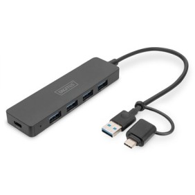 DIGITUS Hub USB 3.0, 4 ports, Slim Line, USB 3.2 Gen 1 3.1 Gen 1 Type-A + Type-C, USB 3.2 Gen 1 3.1 Gen 1 Type-A, 12000 Mbits, Noir, 0,2 m, Chine