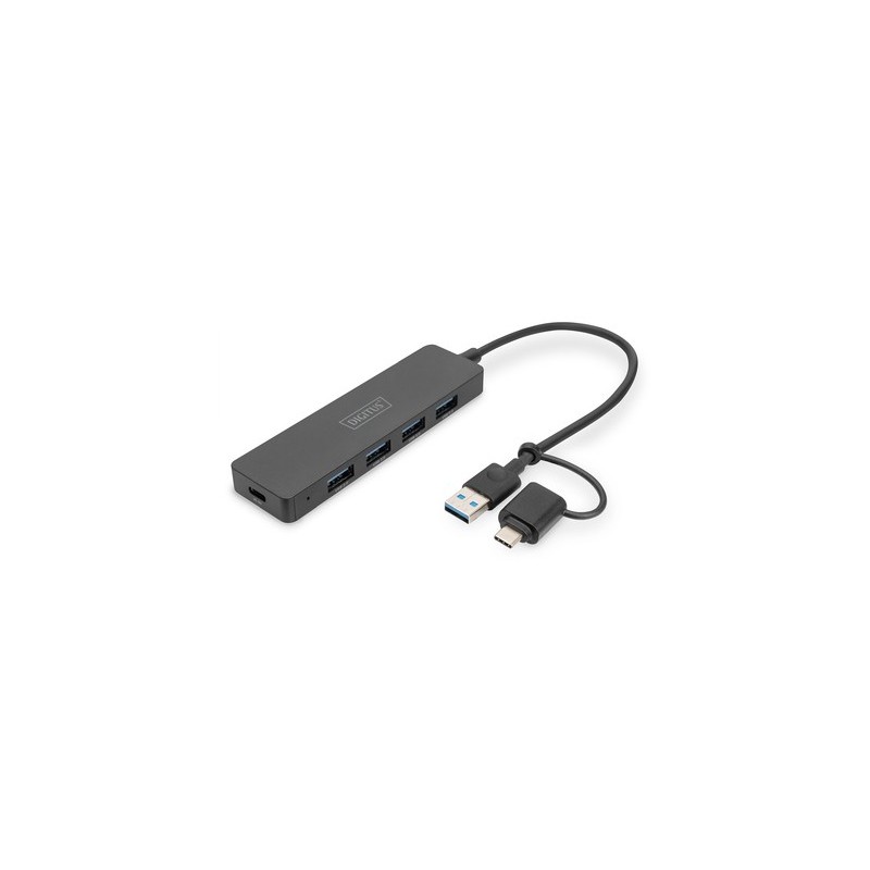 DIGITUS Hub USB 3.0, 4 ports, Slim Line, USB 3.2 Gen 1 3.1 Gen 1 Type-A + Type-C, USB 3.2 Gen 1 3.1 Gen 1 Type-A, 12000 Mbits, Noir, 0,2 m, Chine