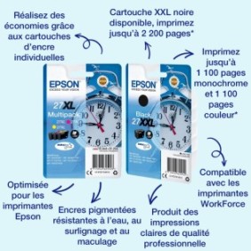 Epson Alarm clock Singlepack Black 27 DURABrite Ultra Ink, Rendement standard, Noir, Encre à pigments, 6,2 ml, 1 pièce, 350 pages