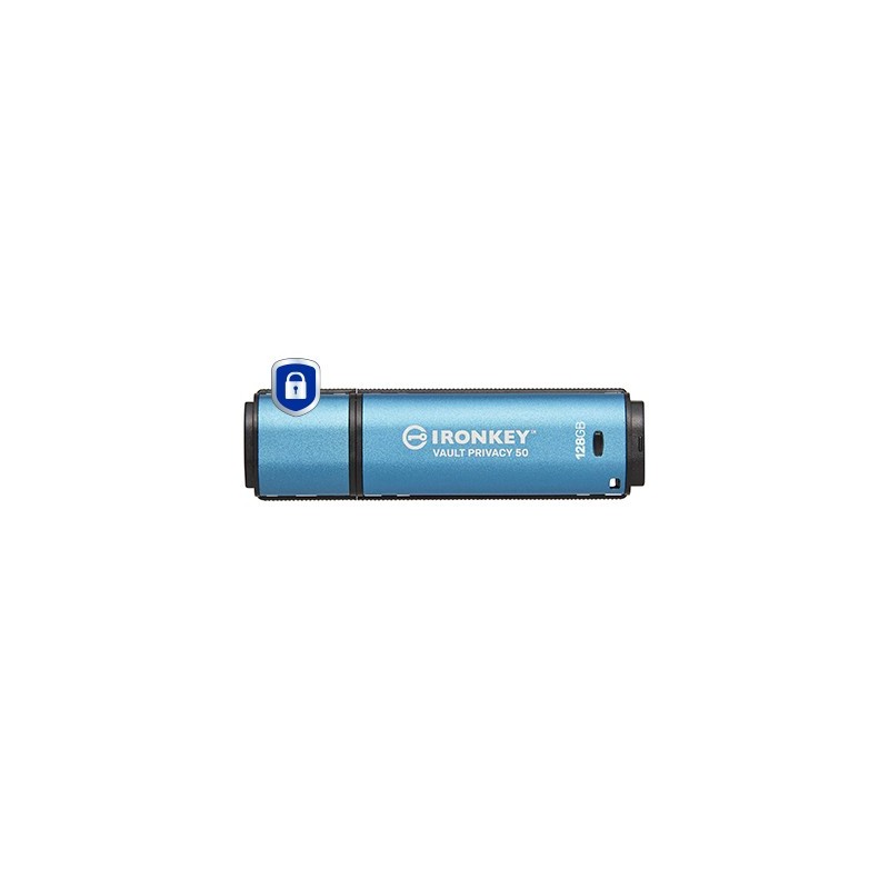 Kingston IronKey 128Go Vault Privacy 50 chiffrée AES-256, FIPS 197, 128 Go, USB Type-A, 3.2 Gen 1 3.1 Gen 1, 250 Mos, Casquette, Noir, Bleu