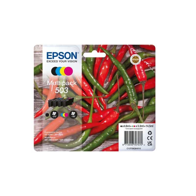 Epson 503, Rendement standard, Noir, Cyan, Magenta, Jaune, 4,6 ml, 3,3 ml, 4 pièce, Multi pack