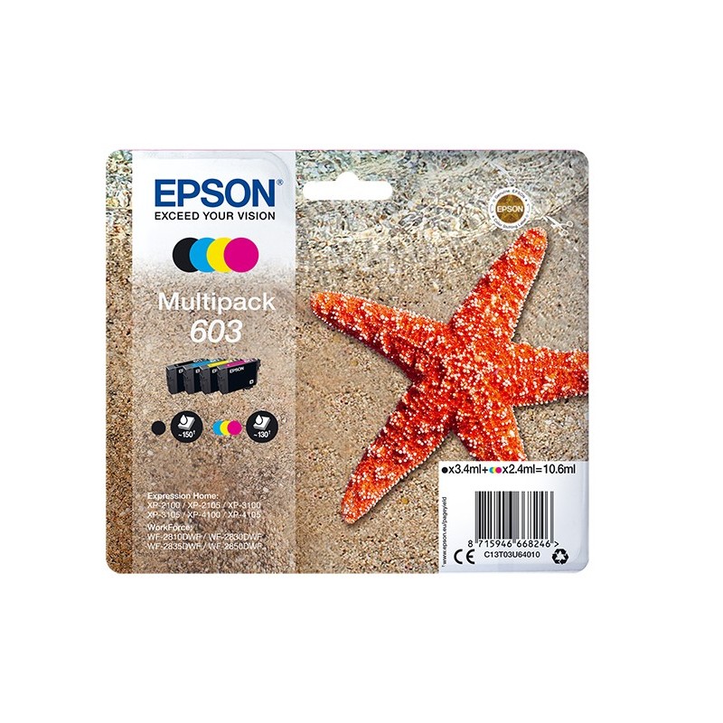 Epson Multipack 4-colours 603 Ink, Rendement standard, Noir, Cyan, Magenta, Jaune, 3,4 ml, 2,4 ml, 1 pièce, 150 pages