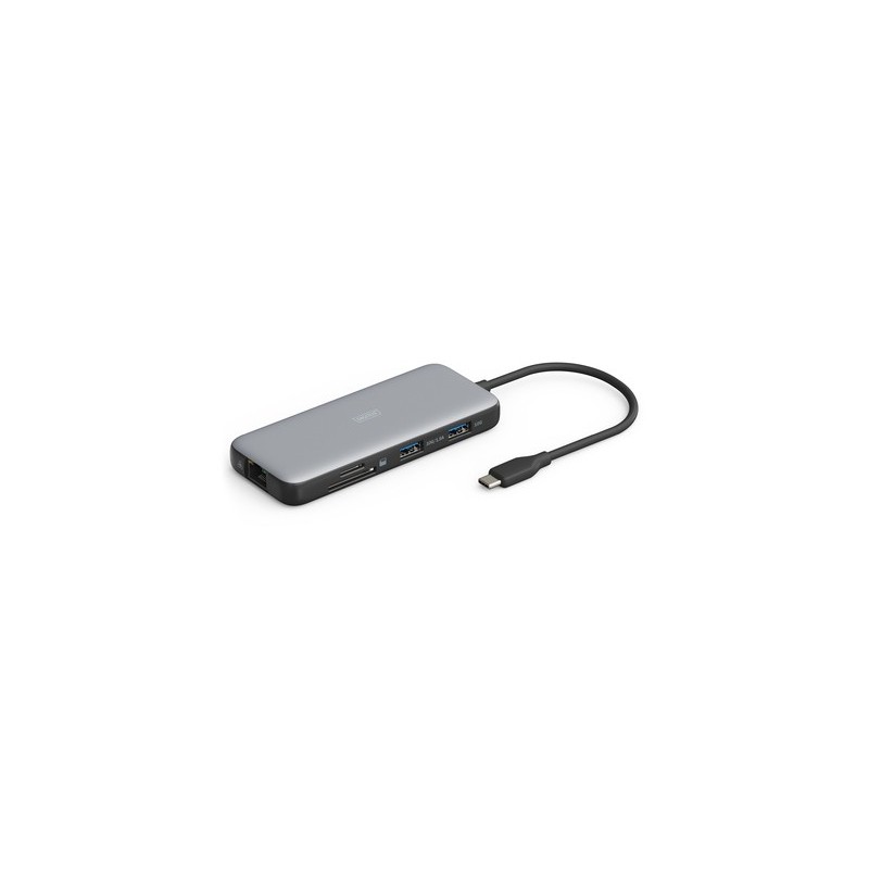 DIGITUS Station d'accueil USB-C, 8 ports, Avec fil, USB 3.2 Gen 2 3.1 Gen 2 Type-C, 100 W, 1.42.2, 10,100,1000 Mbits, Noir, Gris