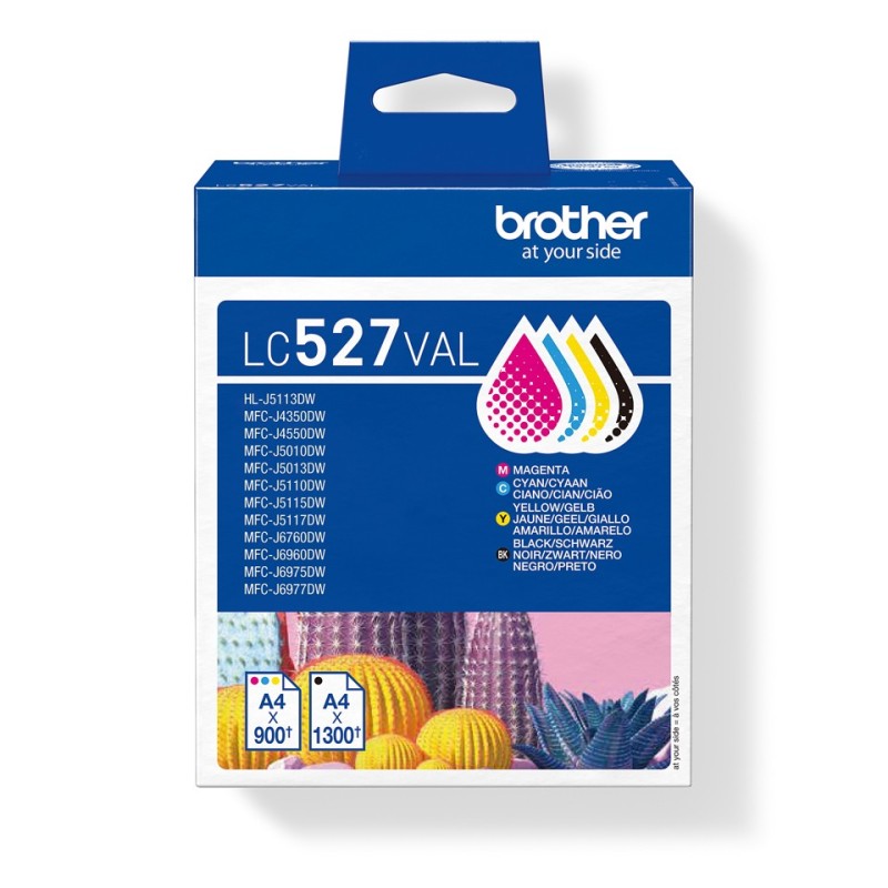Brother LC527VAL Cartouche d'encre d'origine, pack économique, Noir, Cyan, Magenta, Jaune, Encre à pigments, Encre à pigments, 4 pièce, 1300 pages, Value pack