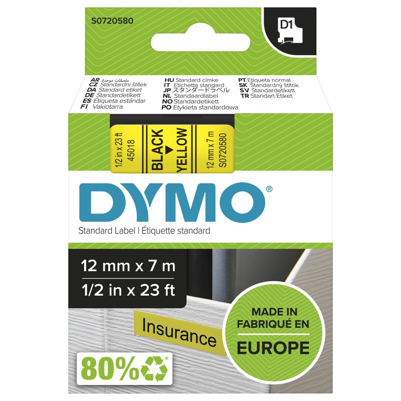 Dymo D1 étiquettes autocollantes authentiques | impression en noir sur fond jaune | 12 mm x 7 m | pour étiqueteuses LabelManager, Noir sur jaune, D1, Polyester, Belgique, -18 - 90 C, DYMO