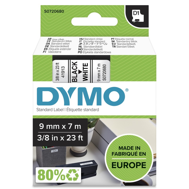 Dymo D1 étiquettes autocollantes authentiques | 9 mm x 7 m | impression en noir sur fond blanc | pour étiqueteuses LabelManager, Noir sur blanc, Polyester, Belgique, -18 - 90 C, DYMO, LabelManager, LabelWriter 450 DUO