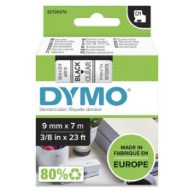 Dymo D1 étiquettes autocollantes authentiques | impression en noir sur fond clair | 9 mm x 7 m | pour étiqueteuses LabelManager, Noir sur transparent, Polyester, Belgique, -18 - 90 C, DYMO, LabelManager, LabelWriter 450 DUO