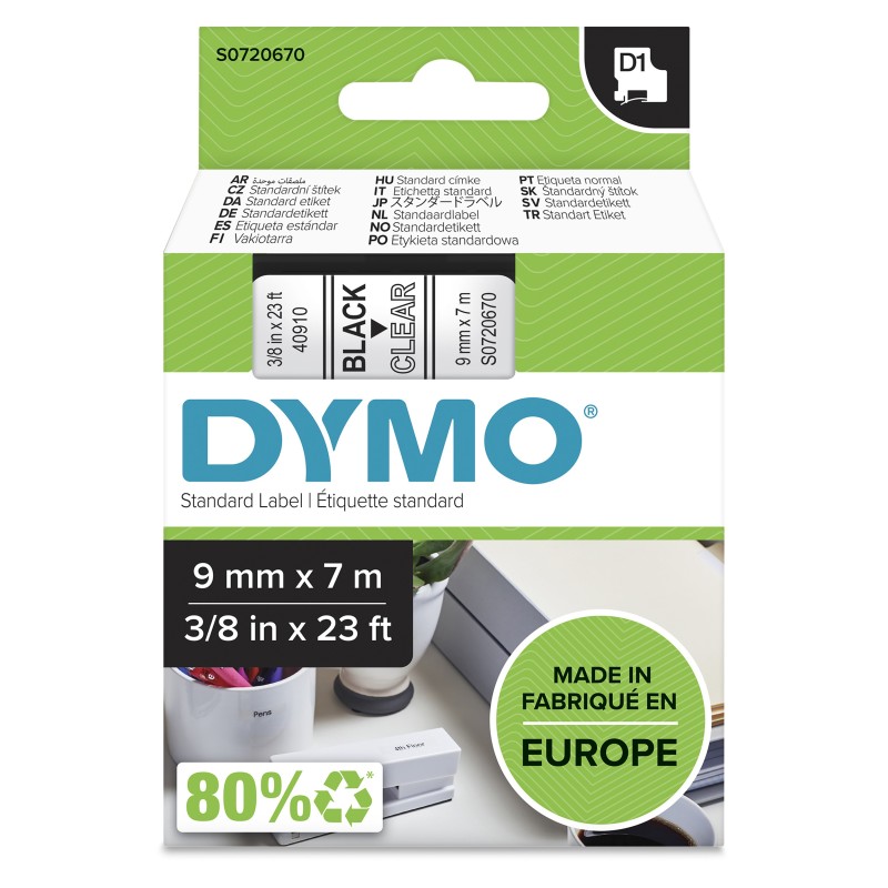 Dymo D1 étiquettes autocollantes authentiques | impression en noir sur fond clair | 9 mm x 7 m | pour étiqueteuses LabelManager, Noir sur transparent, Polyester, Belgique, -18 - 90 C, DYMO, LabelManager, LabelWriter 450 DUO