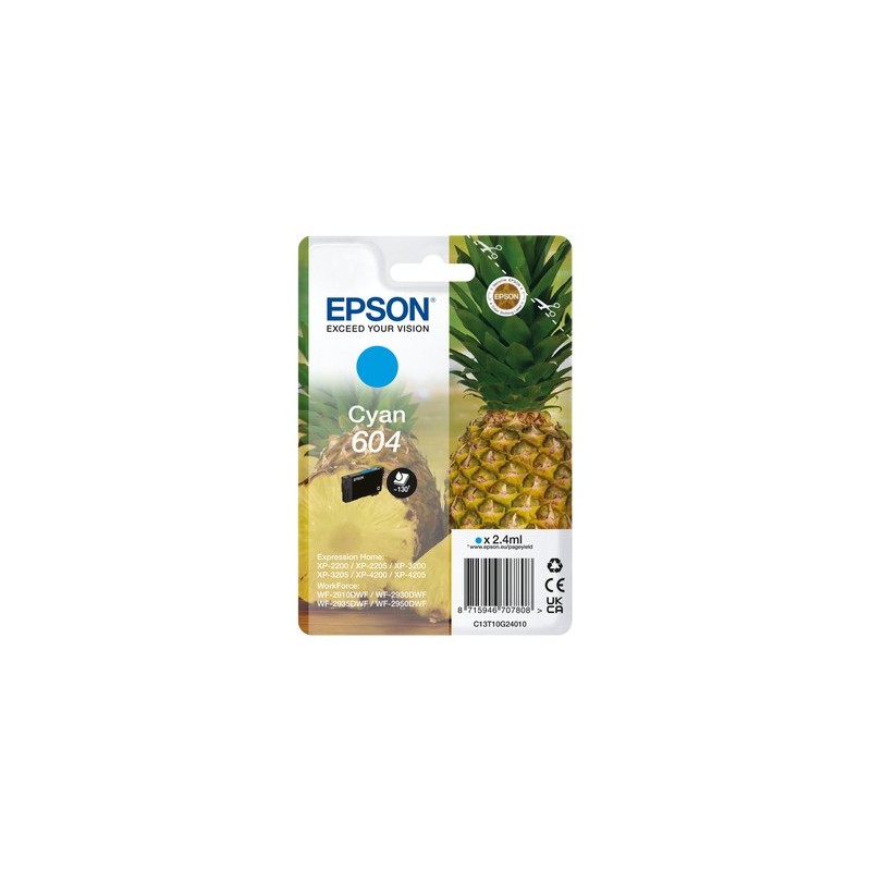 Epson 604, Rendement standard, Cyan, 2,4 ml, 1 pièce, 130 pages, Paquet unique