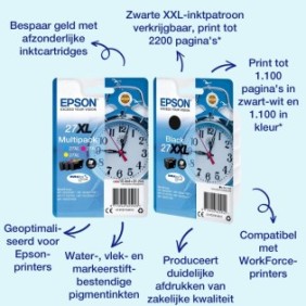 Epson Alarm clock Multipack 3-colour 27XL DURABrite Ultra Ink, Rendement élevé , Cyan, Magenta, Jaune, Encre à pigments, 10,4 ml, 1 pièce, Multi pack