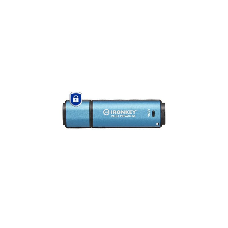 Kingston IronKey 16Go Vault Privacy 50 chiffrée AES-256, FIPS 197, 16 Go, USB Type-A, 3.2 Gen 1 3.1 Gen 1, 250 Mos, Casquette, Noir, Bleu
