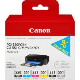 Canon Multipack de 6 cartouches d'encre PGI-550CLI-551 PGBKCMYBKGY, Photo noire, Photo cyan, Photo gris, Photo magenta, Noir, Jaune photo, Encre à pigments, Encre à colorant, 6 pièce, Multi pack