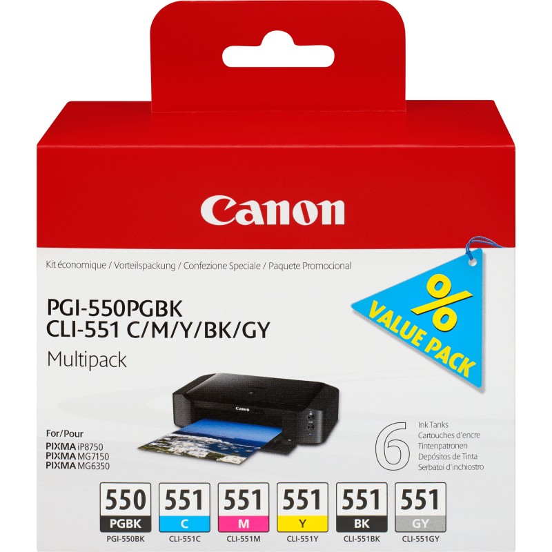 Canon Multipack de 6 cartouches d'encre PGI-550CLI-551 PGBKCMYBKGY, Photo noire, Photo cyan, Photo gris, Photo magenta, Noir, Jaune photo, Encre à pigments, Encre à colorant, 6 pièce, Multi pack