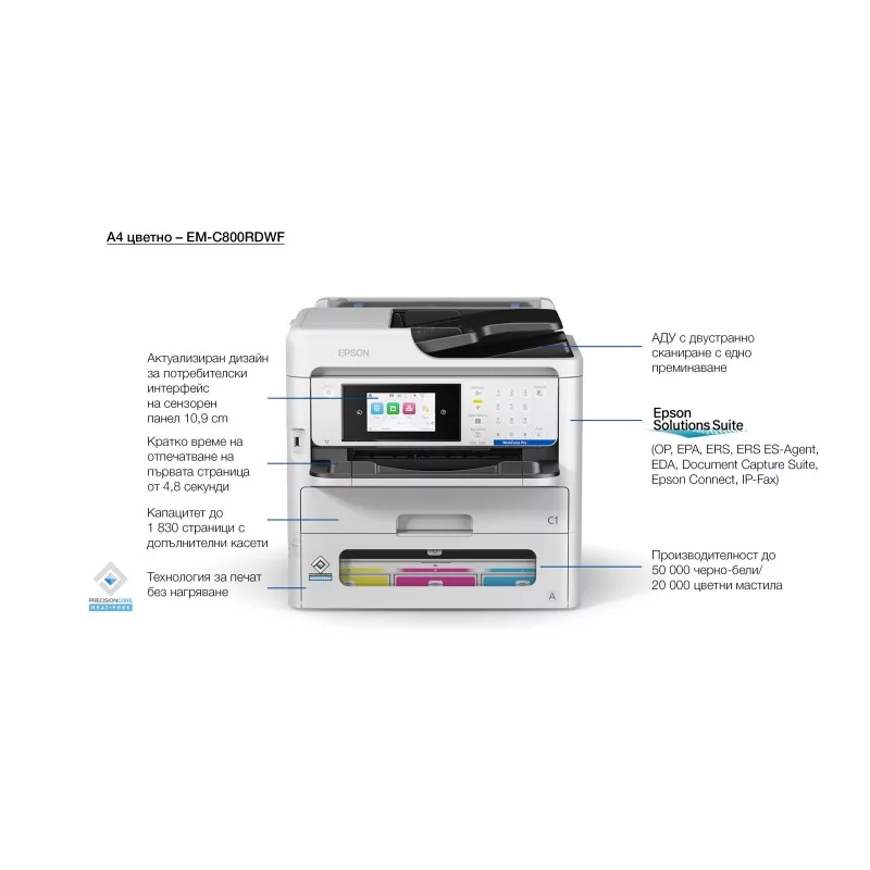 Epson WorkForce Pro EM-C800RDWF, Jet d'encre, Impression couleur, 4800 x 1200 DPI, A4, Impression directe, Blanc