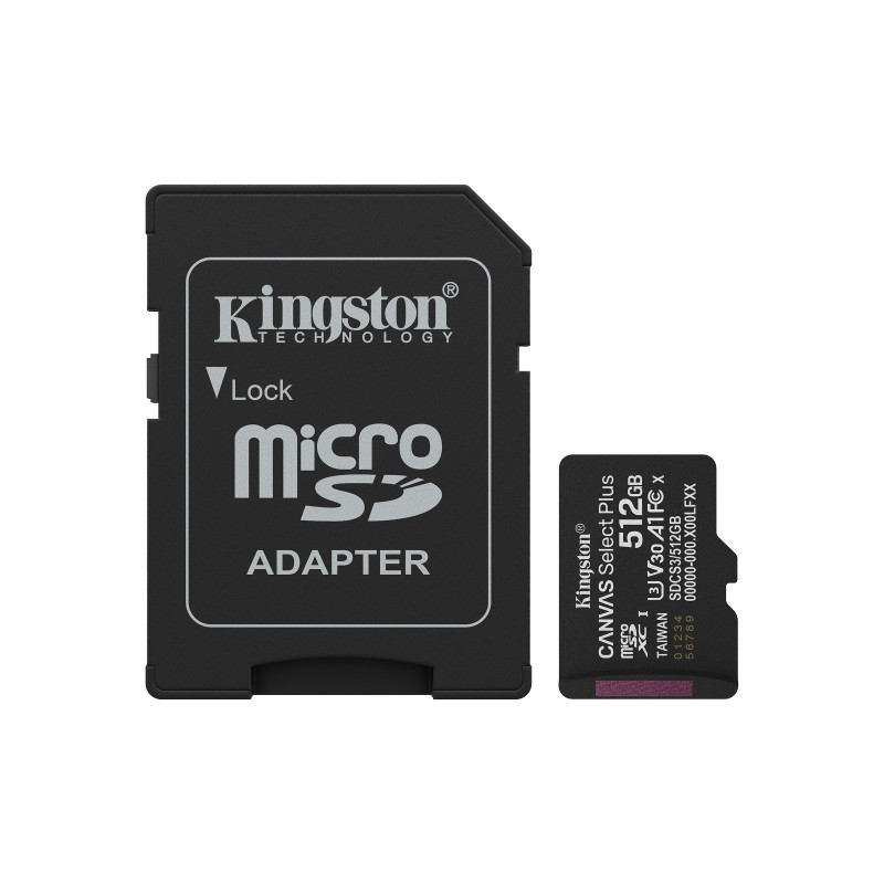 Kingston 512GB microSDXC Canvas Select Plus Gen3 150MBs A1 Adaptateur SD inclus, 512 Go, MicroSDXC, Classe 10, UHS-I, 150 Mos, Class 3