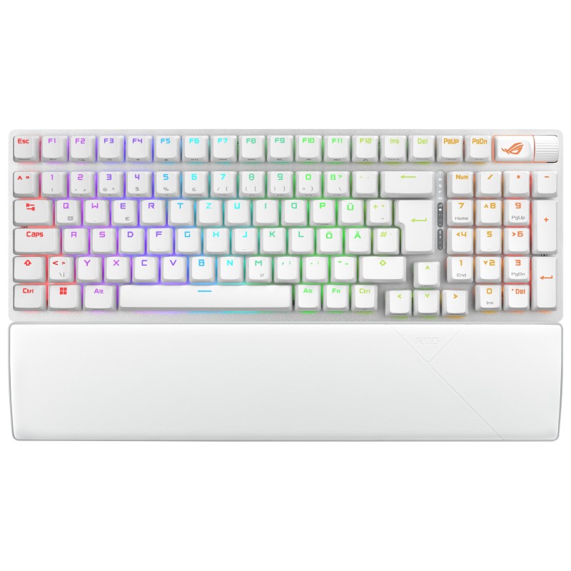 ASUS ROG Strix Scope II 96 Wireless, Avec fil &sans fil, USB + RF Wireless + Bluetooth, Clavier mécanique, QWERTZ, LED RGB, Blanc
