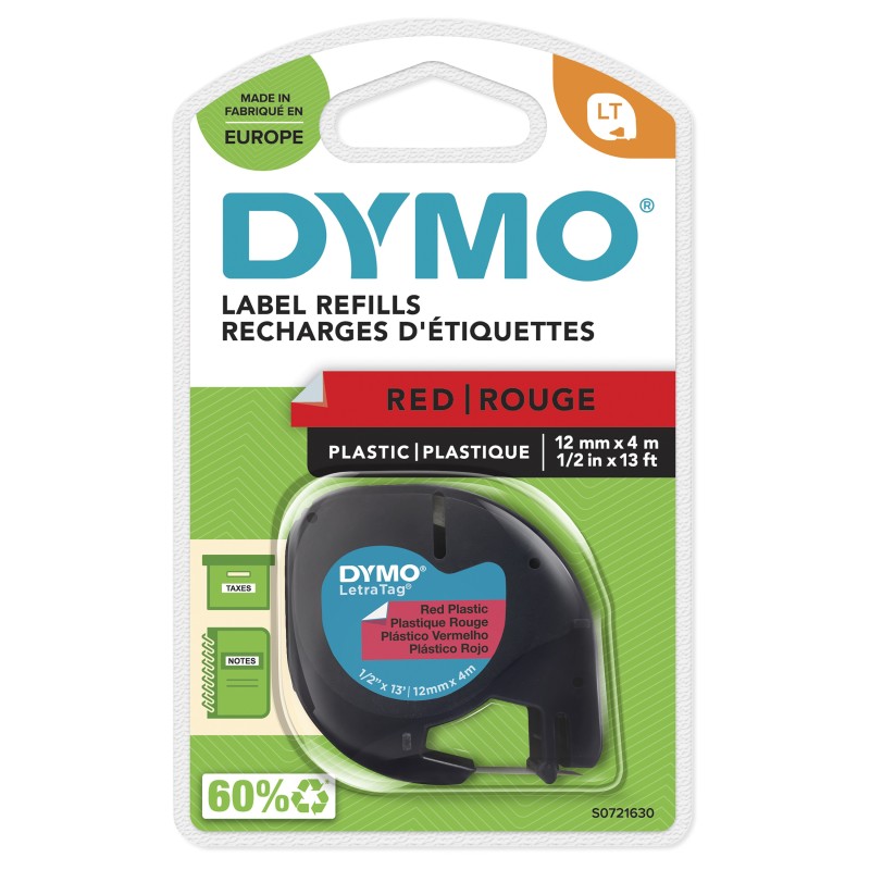 Dymo LetraTag Étiquettes en plastique Authentique | 12 mm x 4 m | impression en noir sur fond rouge | Étiquettes autocollantes pour étiqueteuse LetraTag, Noir sur rouge, Polyester, Belgique, DYMO, LetraTag 100T, LetraTag 100H, 1,2 cm