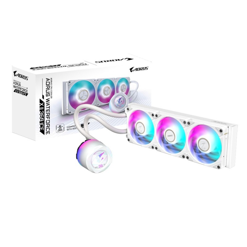 Gigabyte AORUS WATERFORCE X II 360 ICE Refroidisseur liquide pour processeur AIO - 3x ventilateurs ARGB de 120 mm, écran LCD en couleur, DAISY-CHAIN, compatible avec Intel LGA 1851 et AMD AM5, Refroidisseur de liquide tout-en-un, 12 cm, 72 cfm, Blanc