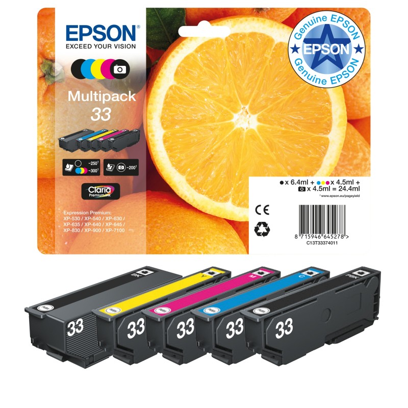 Epson Oranges Multipack 5-colours 33 Claria Premium Ink, Rendement standard, Noir, Photo noire, Cyan, Magenta, Jaune, Encre à pigments, Encre à colorant, 6,4 ml, 4,5 ml