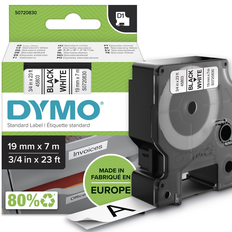 Dymo D1 étiquettes autocollantes authentiques | impression en noir sur fond blanc | 19 mm x 7 m | pour étiqueteuses LabelManager, Noir sur blanc, D1, Polyester, Belgique, -18 - 90 C, DYMO