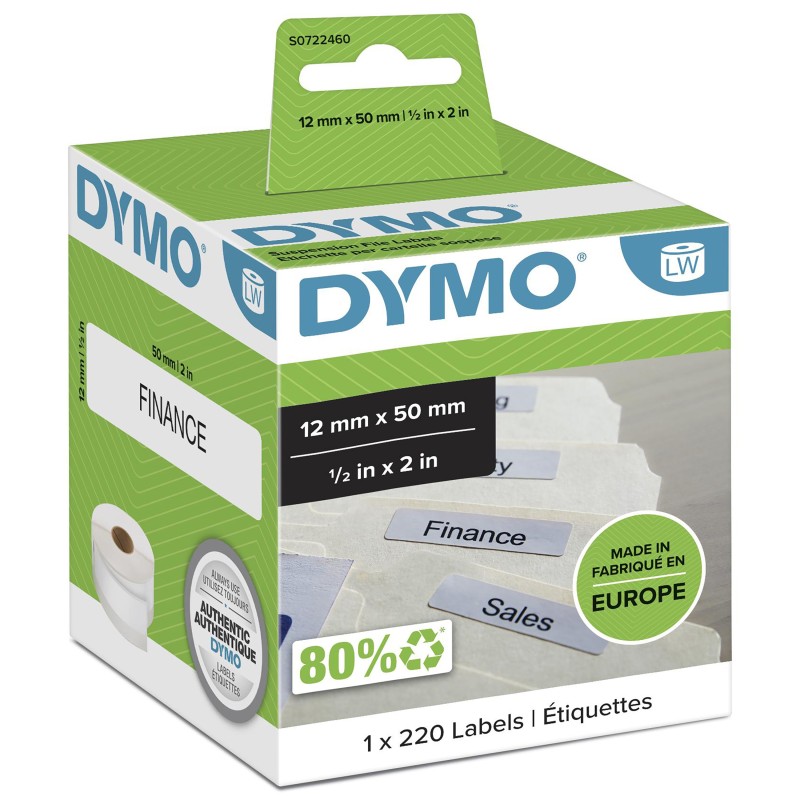 Dymo LW étiquettes autocollantes authentiques pour dossier suspendu | 12 mm x 50 mm | rouleau de 220 étiquettes faciles à décoller | pour les étiqueteuses LabelWriter, Blanc, Imprimante d'étiquette adhésive, Papier, Permanent, Rectangle