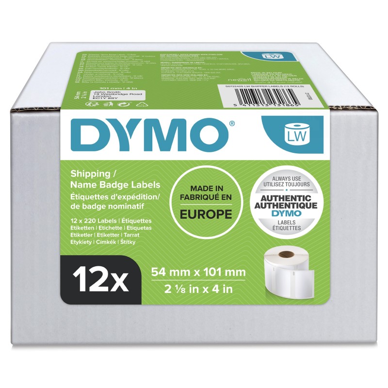 Dymo LW grandes étiquettes autocollantes authentiques pour expéditions et badges nominatifs | 54 mm x 101 mm | 12 rouleaux de 220 étiquettes 2 640 étiquettes | pour les étiqueteuses LabelWriter, Blanc, Imprimante d'étiquette adhésive, Papier