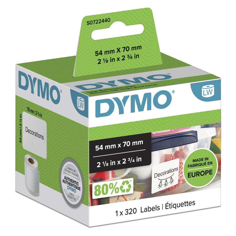 Dymo LW étiquettes autocollantes authentiques polyvalentes | 54 mm x 70 mm | rouleau de 320 étiquettes faciles à décoller | pour les étiqueteuses LabelWriter, Blanc, Imprimante d'étiquette adhésive, Papier, Permanent, LabelWriter, 5,4 cm