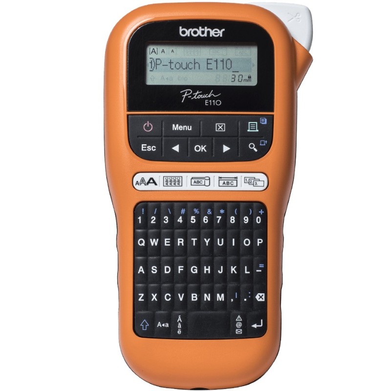 Brother PT-E110 - étiqueteuse professionnelle, QWERTY, HGeTZe, Transfert thermique, 180 x 180 DPI, 20 mmsec, Noir, Orange