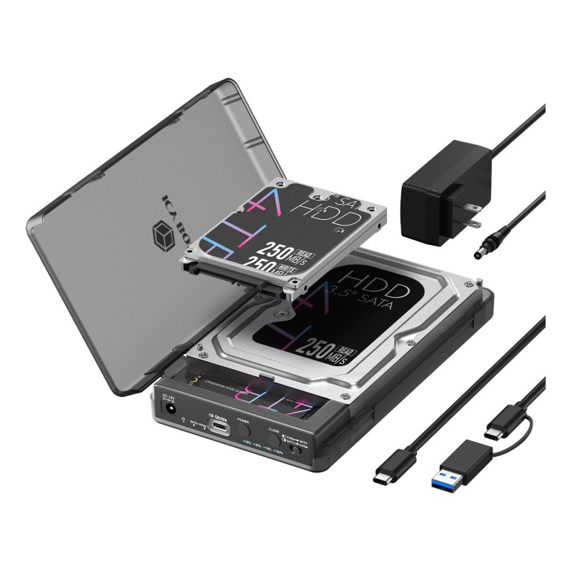 ICY BOX IB-3882MSCL-CU31, Boîtier disque durSSD, M.22.5"3.5", SATA, M.2, 10 Gbits, Connectivité USB, Noir