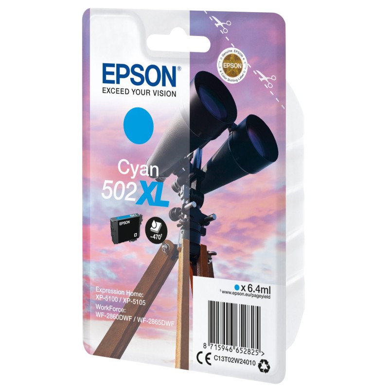Epson Singlepack Cyan 502XL Ink, High Yield, Cyan, 6,4 ml, 1 pièce, 470 pages, Paquet unique