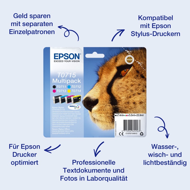 Epson Cheetah Singlepack Black T0711 DURABrite Ultra Ink, Rendement standard, Noir, Encre à pigments, 7,4 ml, 1 pièce, Paquet unique