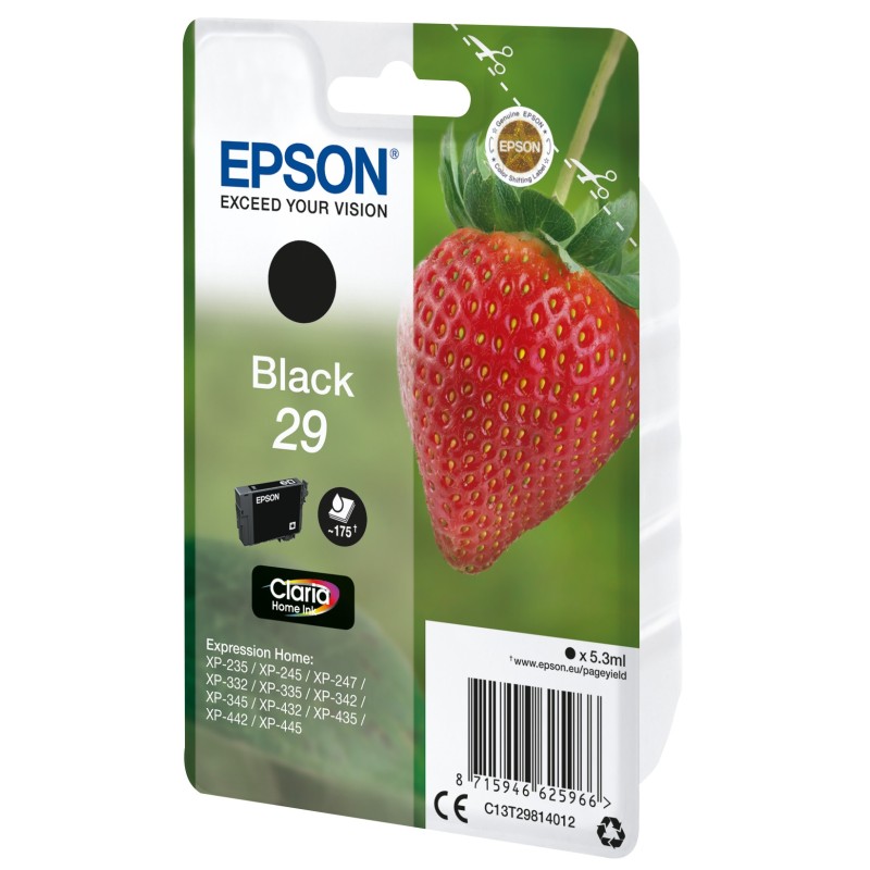 Epson Strawberry Singlepack Black 29 Claria Home Ink, Rendement standard, Noir, Encre à pigments, 5,3 ml, 1 pièce, 175 pages