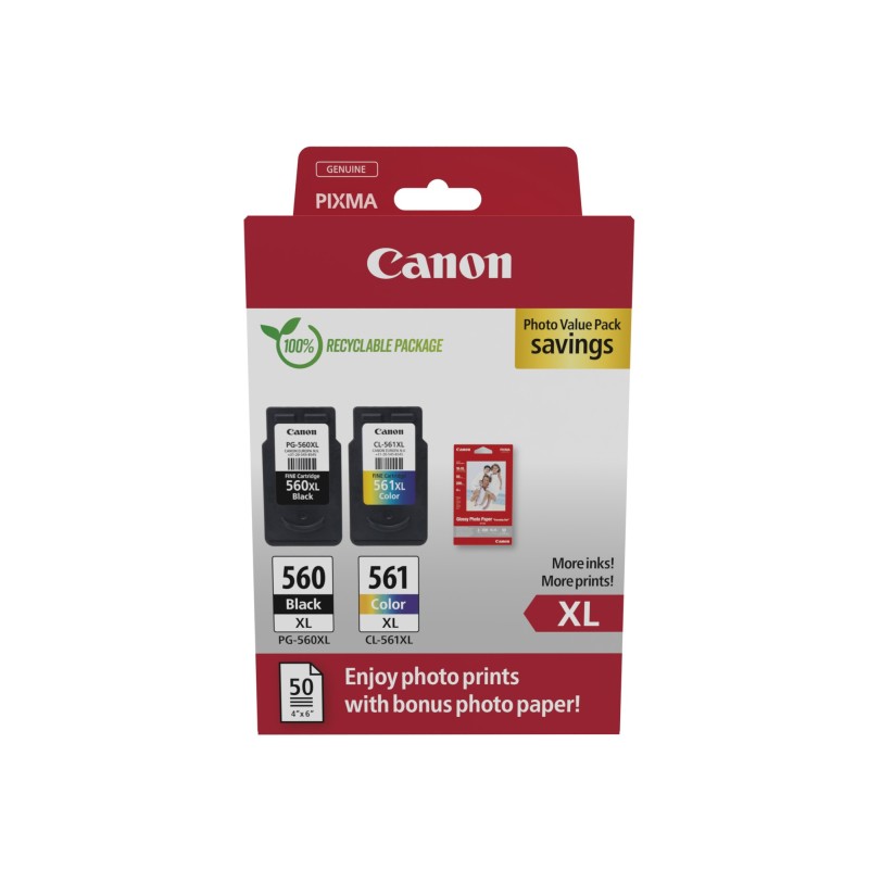 Canon 3712C008, Rendement élevé , Noir, Cyan, Magenta, Jaune, 2 pièce, Pack de valeur de photo