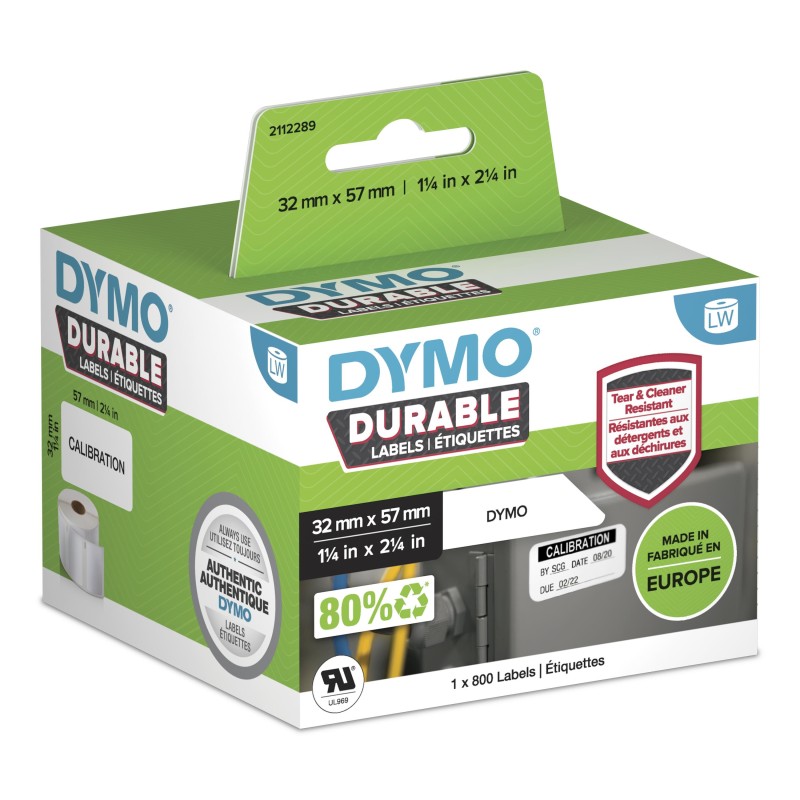 Dymo LW Étiquettes industrielles résistantes | authentique | plastique blanc | 32 mm x 57 mm | 1 rouleaux de 800 | pour étiqueteuses LabelWriter 450550 et 4XL5XL, Blanc, Imprimante d'étiquette adhésive, Polypropylène , LabelWriter Wireless, 4XL