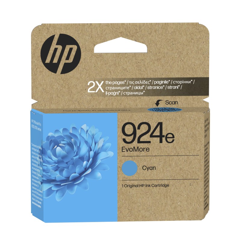 HP 924e Cartouche d’encre authentique Cyan EvoMore, Rendement élevé , Cyan, 1 pièce, 800 pages, Paquet unique