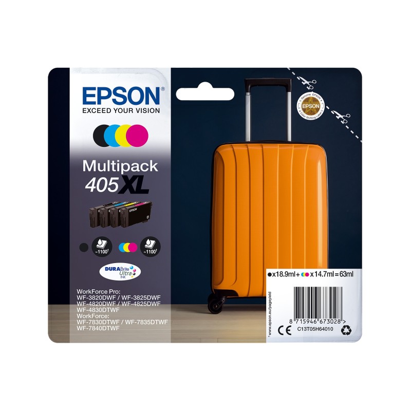 Epson Encre DURABrite Ultra multipack 4 couleurs Valise 405XL, High Yield, Noir, Cyan, Magenta, Jaune, Encre à pigments, Encre à pigments, 18,9 ml, 14,7 ml