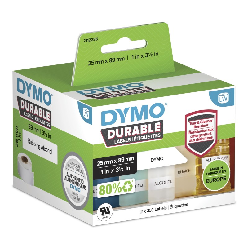 Dymo LW Étiquettes industrielles résistantes | authentique | plastique blanc | 25 x 89 mm | 2 rouleaux de 350 lot de 700 | pour étiqueteuses LabelWriter 450550 et 4XL5XL, Blanc, Imprimante d'étiquette adhésive, Polypropylène , LabelWriter Wireless