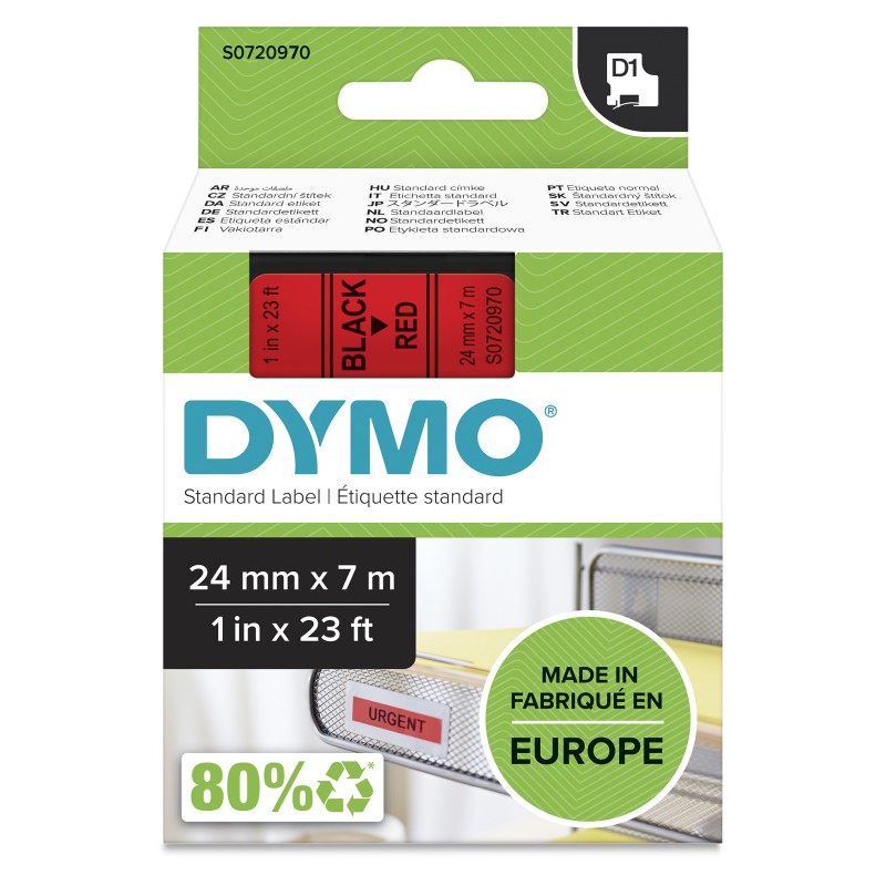 Dymo D1 étiquettes autocollantes authentiques | rouleau de 12 mm x 7 m | impression en noir sur fond rouge | pour étiqueteuses LabelManager, Noir sur rouge, Polyester, Belgique, -18 - 90 C, DYMO, LabelManager, LabelWriter 450 DUO