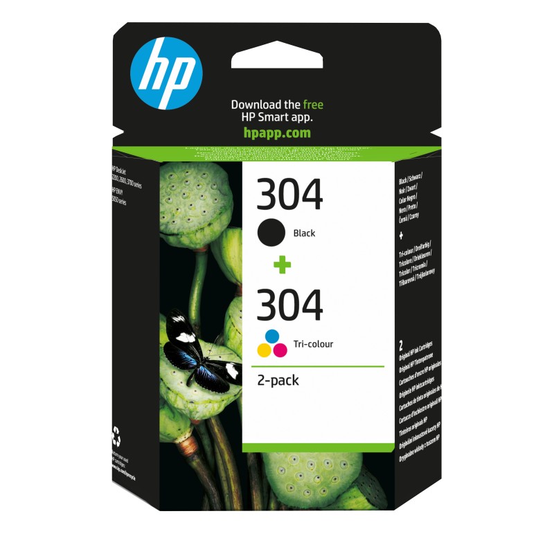 HP Pack de 2 cartouches authentiques d'encre noiretrois couleurs 304, Rendement standard, Noir, Cyan, Magenta, Jaune, Encre à pigments, Encre à colorant, 4 ml, 2 ml