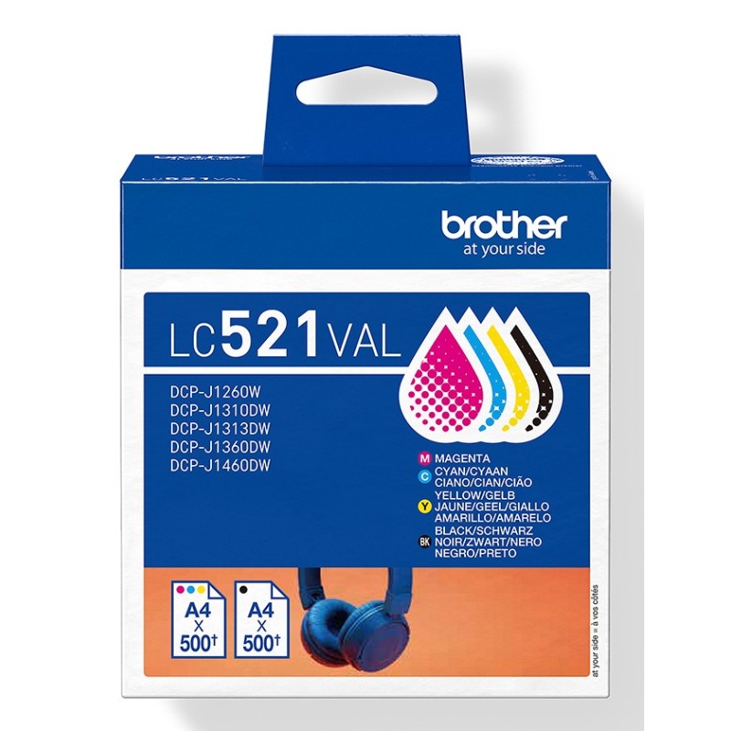 Brother LC521VAL Cartouche d'encre originale de - multipack, Noir, Cyan, Magenta, Jaune, 4 pièce, 500 pages, 500 pages, Multi pack