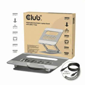 Club 3D Support réglable en aluminium pour ordinateur portable avec hub USB-C®, Gris, 260 mm, 224 mm, 56 mm, 1,76 kg, 315 mm