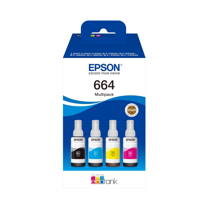 Epson 664 Multipack 4 couleurs EcoTank, Original, Noir, Cyan, Magenta, Jaune, EcoTank L555 EcoTank L355 EcoTank ET-4500 EcoTank ET-2650 EcoTank ET-2600 EcoTank ET-2550 EcoTank..., 70 ml, 70 ml, Jet d'encre