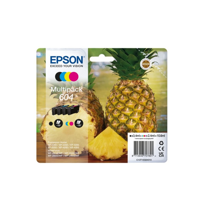 Epson Multipack 4-colours 604 Ink, Rendement standard, Noir, Cyan, Magenta, Jaune, 3,4 ml, 2,4 ml, 1 pièce, Multi pack
