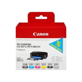 Canon Multipack de 6 cartouches d'encre PGI-550CLI-551 PGBKCMYBKGY, Photo noire, Photo cyan, Photo gris, Photo magenta, Noir, Jaune photo, Encre à pigments, Encre à colorant, 6 pièce, Multi pack