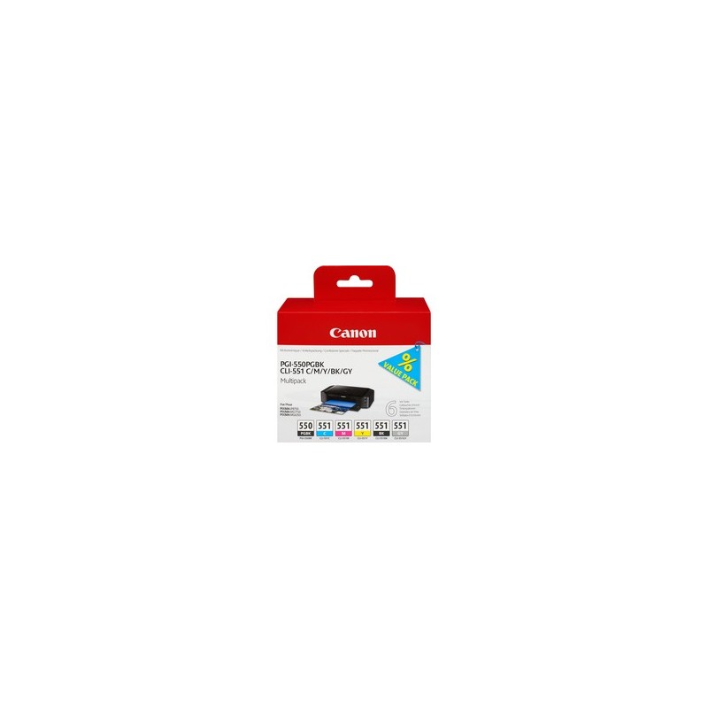 Canon Multipack de 6 cartouches d'encre PGI-550CLI-551 PGBKCMYBKGY, Photo noire, Photo cyan, Photo gris, Photo magenta, Noir, Jaune photo, Encre à pigments, Encre à colorant, 6 pièce, Multi pack